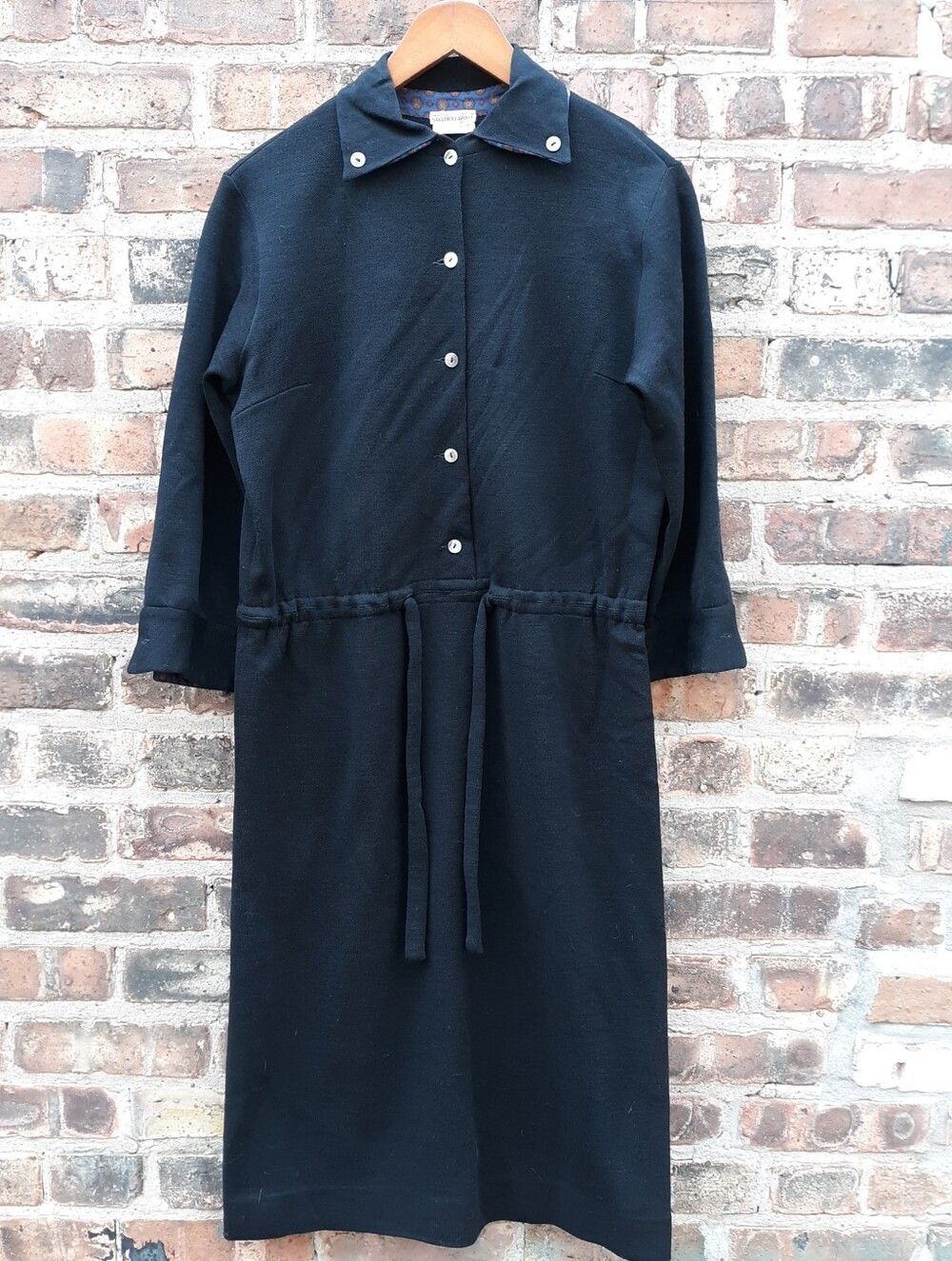 Saks Fifth Avenue Black Wool Knit Dress Made In Italy Medallion Trim Vintage